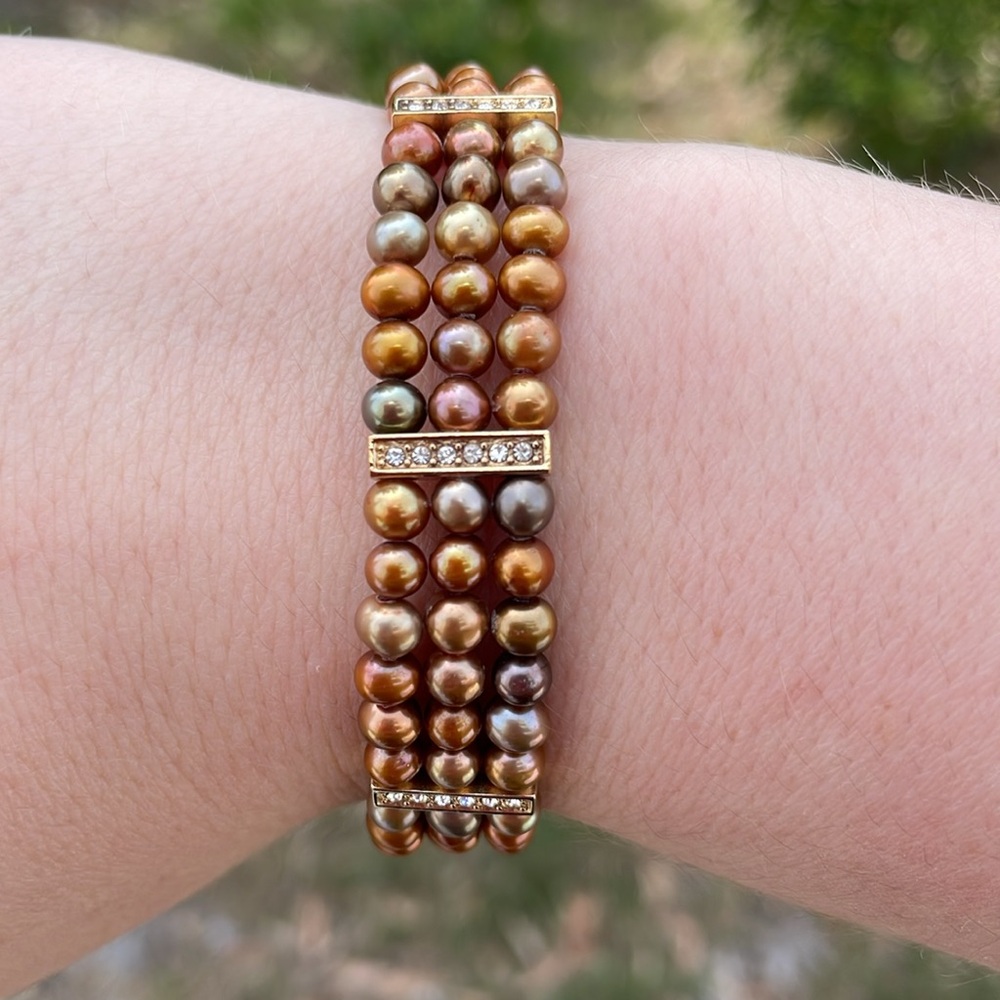 Gold Tone Three Strand Bracelet with Cultured Pearls and Rhinestones